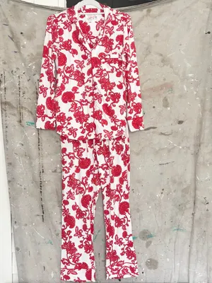The Cat's Pajamas Chrysantheme Pima Knit Cotton Classic Pajama Set in Red thumbnail 3