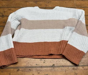 Jun & Ivy Stripe Sweater Cream Brown Rust Cropped Small Cozy‎ Fall Vibes thumbnail 1