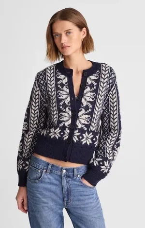 NEW Madewell Fair Isle Cardigan Jacket in Wool Navy Ivory Pattern Womens XL thumbnail 1