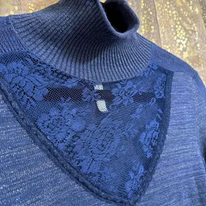 Free‎ People Navy Blue Metallic Lace Inset Turtleneck Sweater Small thumbnail 3