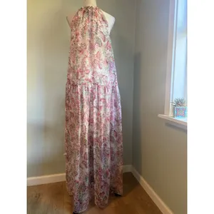 MISA Floral Halter Maxi Dress Pink Green XS/S Boho Chiffon flowy romantic whimsi thumbnail 2