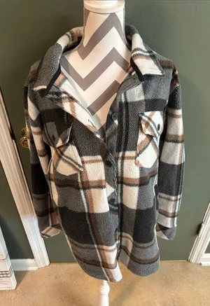 Thread & Supply Gray, Cream & Brown Plaid Teddy Shacket Gray Size XL thumbnail 1