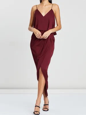 Shona Joy Woman’s Draped Luxe Cocktail Frill Spaghetti Strap Dress in Burgundy 6 thumbnail 2