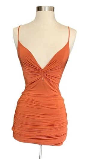 Better Be Ruched Body-con Plunge Mini Dress In Burnt Orange thumbnail 1