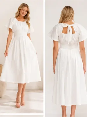 Skies Are Blue Off White Cotton Smocked Waist Maxi Dress with Pockets | Boutique NWT M thumbnail 6