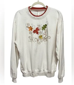 🍂 Cozy Fall Multicolor Leaf Embroidered Sweatshirt with Bead Embellishments 🍁 L thumbnail 2