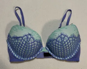 Victorias Secret 32C Pushup Bra Padded Blue Purple Floral Lace Underwire‎ #0163 thumbnail 1