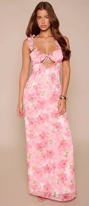 Pretty Little Thing floral tie front frill maxi dress thumbnail 1