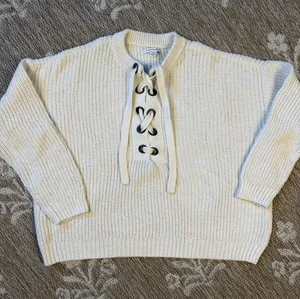 American Eagle Cream Lace-Up Ribbed Crewneck Sweater - Women's thumbnail 1