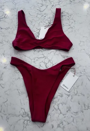 NWT Quince Cherry Red Italian Plunge Bikini Top & High Leg Bottom Set Medium thumbnail 1