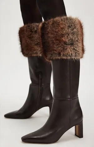 Sam Edelman Sylvia Dark Brown Leather Knee Boots with Faux-Fur Cuff size 8.5 NEW thumbnail 1