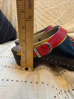 Vintage Swedish Wooden Clogs Embroidered Floral Leather Mules Black Red EU 38 thumbnail 5