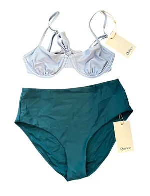 Quince Italian Demi Bikini Top in Light Blue Size and Teal High Rise Bottoms XS thumbnail 1
