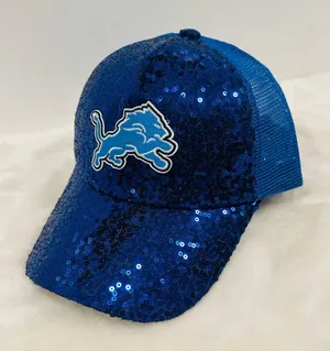 National Football League Detroit Lions Blue Sequin Baseball trucker hat, adjustable Cap! thumbnail 1