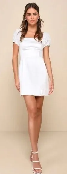 Lulus Precious Enchantment White Satin Floral Puff Sleeve Mini Dress‎ Size S thumbnail 1