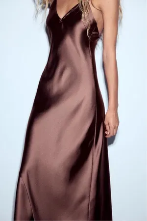 Zara dress midi maxi satin wedding lingerie chocolate brown party cocktail thumbnail 8
