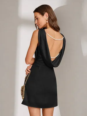 Rihoas Black Boat Neck Pearl A-Line Mini Dress thumbnail 5