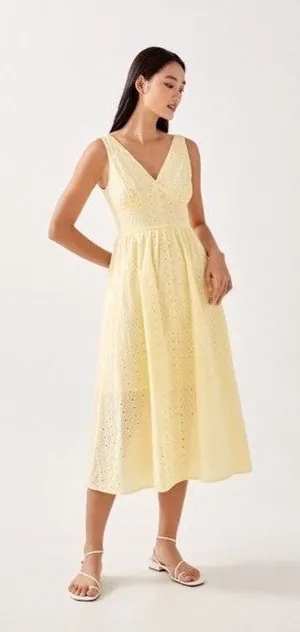 Love Bonito V-Neck Eyelet Midi Dress in Pale Yellow thumbnail 1