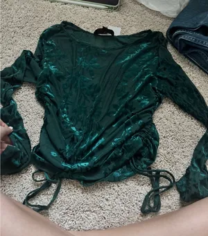 Velvet Burnout Ruched Top Emerald Green Floral Sheer Mesh Shyanne XS Holiday thumbnail 1