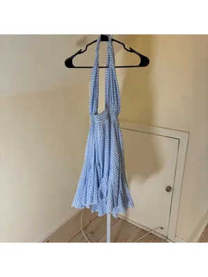 Mable NWT Women's Blue Gingham Backless Cross Front Mini Dress Flowy M thumbnail 2