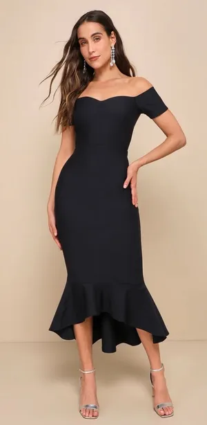 Lulus How Much I Care Black Off Shoulder Midi Dress Prom Party Holiday Medium thumbnail 1