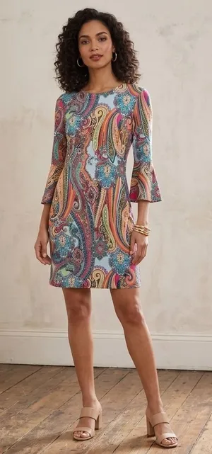 Tommy Hilfiger Dress 2 Multi Paisley Bell Sleeve Sheath Boho Modern Classic thumbnail 1