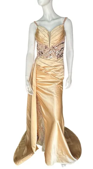 Criebdk Elegant Satin & Sequins Formal Dress Gold Size 8 (See Measurements) NWT thumbnail 1