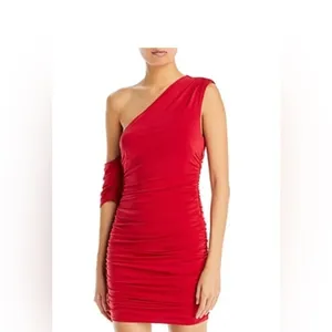 AQUA One Shoulder Ruched Bodycon Mini Dress Red Formal Glam NWT‎ L thumbnail 3