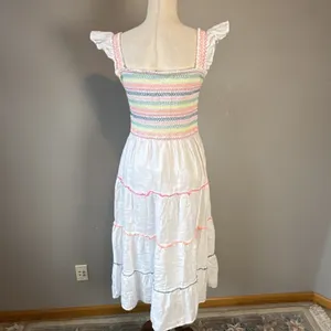 Vineyard Vines Flutter Sleeve Smocked Tiered‎ White Linen Midi Dress Size S thumbnail 6