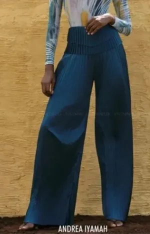 Andrea Iyamah Teal Wide-Leg Pleated Pants thumbnail 1