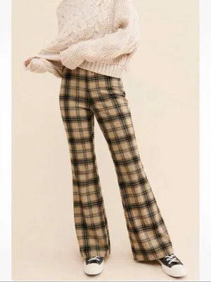 NEW Forever 21 Women’s XSMALL Brown Plaid Casual Wide Flare Pants thumbnail 2