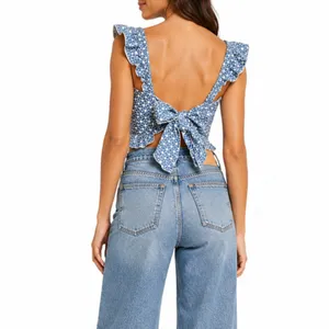 Kirious Blue Floral Eyelet Tie Back Crop Top Tank Top XS Cottagecore Top thumbnail 8