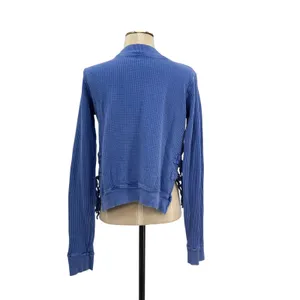 Free People FP One Cropped Interlaken Top Waffle Knit Long‎ Sleeve Blue Medium thumbnail 8