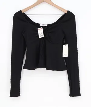 Gaze Top Womens Small Black Textured Long Sleeve Tie Front Cropped NEW thumbnail 1