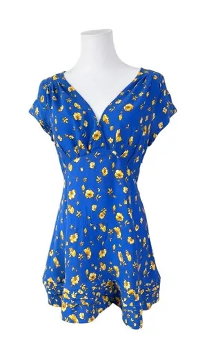 Free People Blue Peasant Faux Wrap Dress 8 Blue Floral Cap‎ Sleeves Keyhole thumbnail 1
