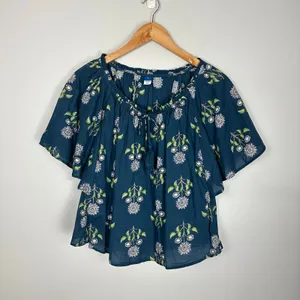 Old Navy Flutter Sleeve Tassel tie Boho Top Teal Floral Cotton Size Medium thumbnail 3