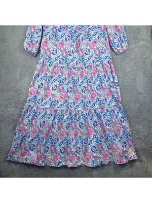 V-Neck Paisley Print Maxi Dress With Long Sleeves Pink & Blue Lightweight Fabric thumbnail 7