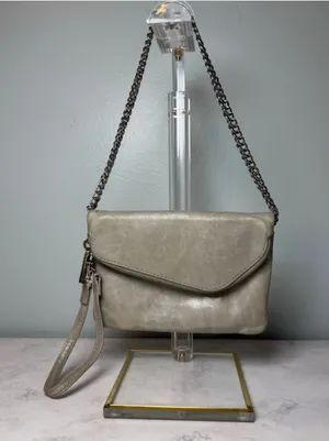 Women's Hobo Daria Leather Shoulder Bag Clutch Small Taupe Silver thumbnail 1