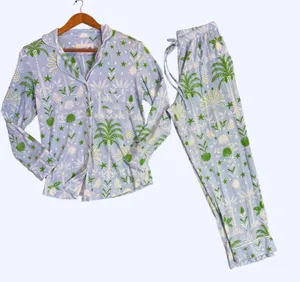 The Cat's Pajamas PJ Set Womens XS Blue Tropicana Palm Pima Cotton Lounge thumbnail 1