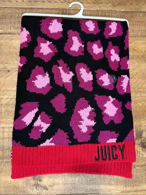 Juicy Couture Black & Pink Leopard Knit Scarf with Red Trim NWOT thumbnail 1