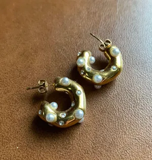 Gold Plated Pearl And Diamond Chunky Hoops thumbnail 1