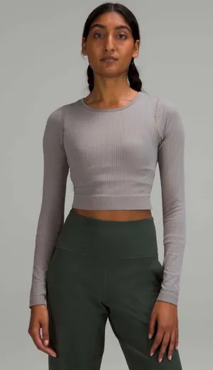 Lululemon Ebb‎ to Street Long Sleeve Women 4 Grey Excellent Ribbed Crop Top thumbnail 1