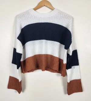 Moon & Madison Cropped Knit Pullover Sweater Beige Brown Oversize Preppy Medium thumbnail 1