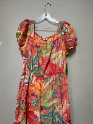Tropical Floral Puff Sleeve Midi Dress Boho Resort Large NWT thumbnail 5
