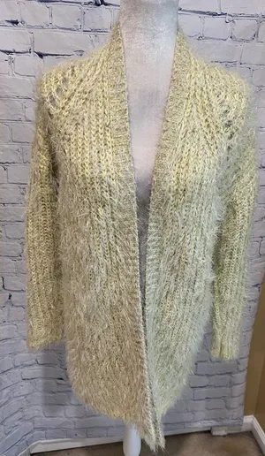 Anthropologie Women larkin Shimmer Knit Cardigan M Yellow Fuzzy Cozy thumbnail 1
