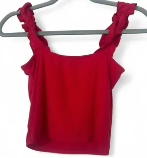Amazon CLOZOZ Women’s Red Ribbed Crop Tank Top – Size Small, Ruffle Strap & Square Neck thumbnail 2