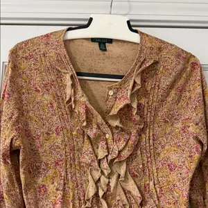 Ralph Lauren BROWN RED FLORAL RUFFLE L BUTTON UP BLOUSE BEIGE 100% COTTON thumbnail 2