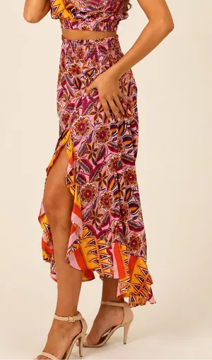 Angie Boho Floral High-Low Midi Skirt Medium Pink Purple Orange Festival thumbnail 1