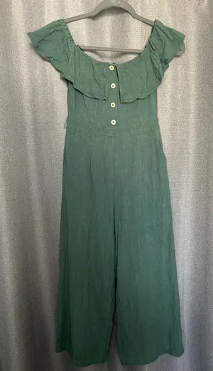Lulu's‎ June Bloom Dk Green Linen Culotte Jumpsuit Size XS Off Shoulder thumbnail 1