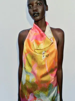 ZARA Floral Halter Midi Dress in Pink and Yellow thumbnail 3